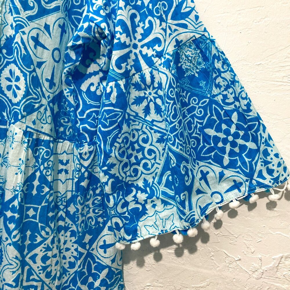 Siya Button up Dress Tiered Floral Beaded Pom Pom Hem Boho Cottagecore Blue L? - Picture 6 of 15